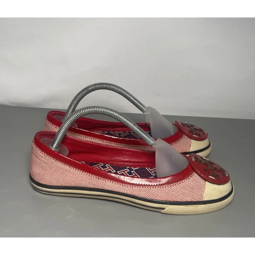 Tory Burch Women's Channing Red Canvas  Cap Toe Ballet Flats Size 6